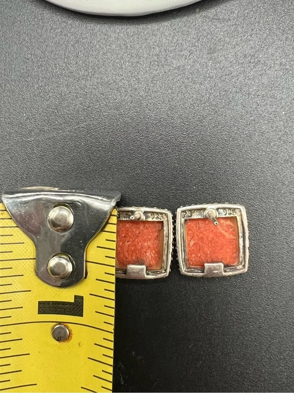 Sterling Silver (925) Orange Sponge Coral Square Stud Earrings Signed PB